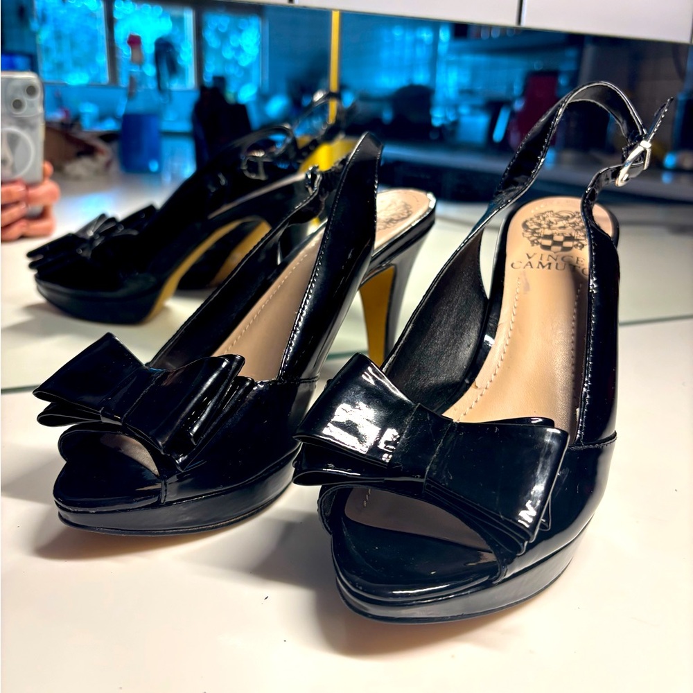 Vince Camuto Black Patent Leather Slingback Heels with Bow Detail Front
